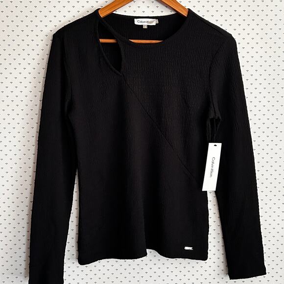 Calvin Klein Womens Cut Out Blouse S Black NWT Shirt Top Minimalist Career Work - Picture 5 of 11